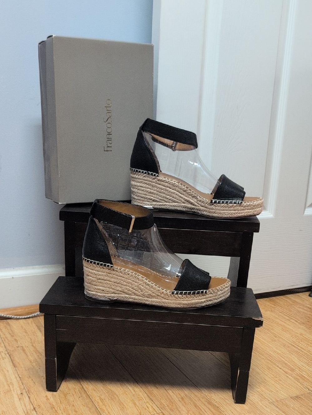 Franco Sarto Clemens Black Leather Espadrille Wedge/Ankle Strap Size 10M NEW